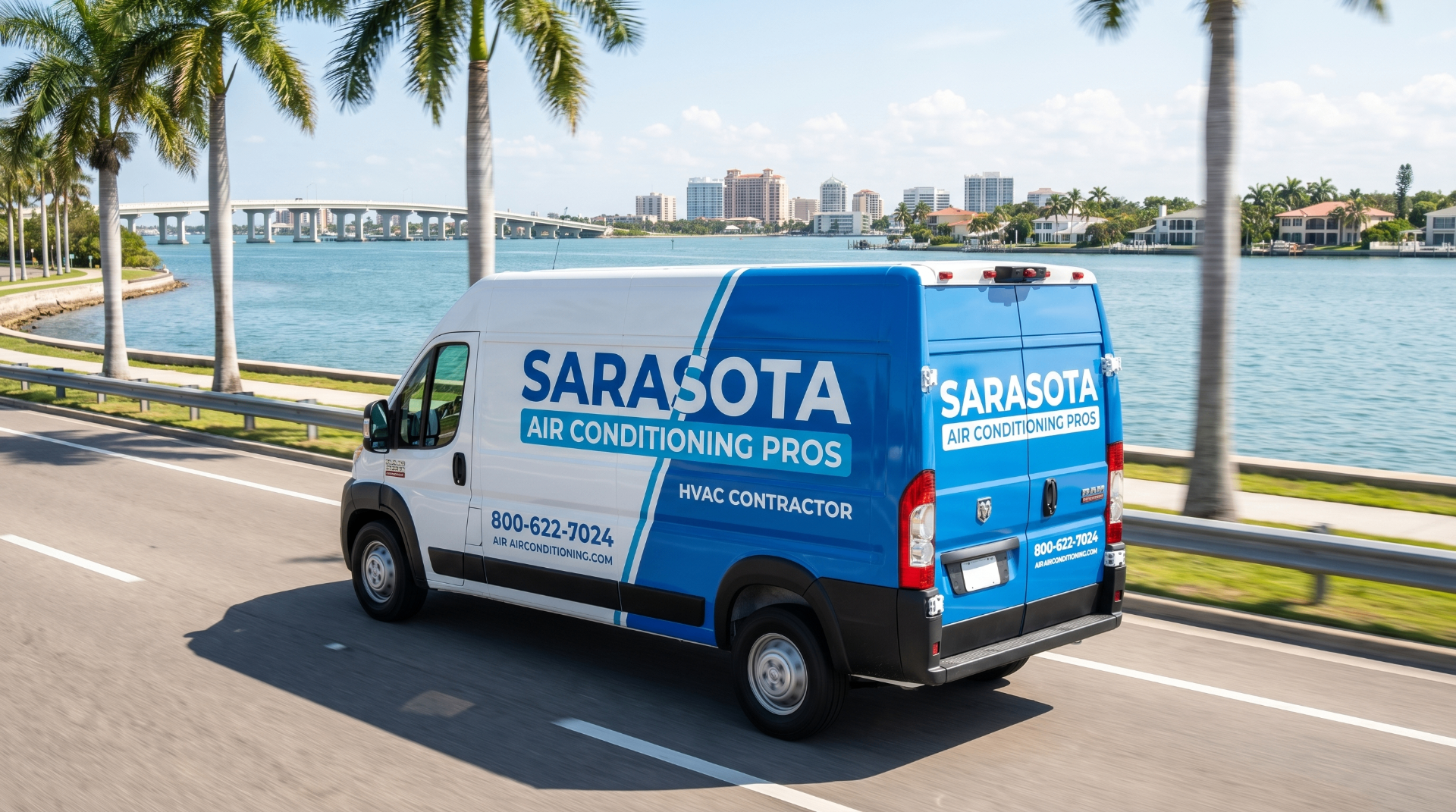 Sarasota Air Conditioning Pros service van driving along the Sarasota bayfront