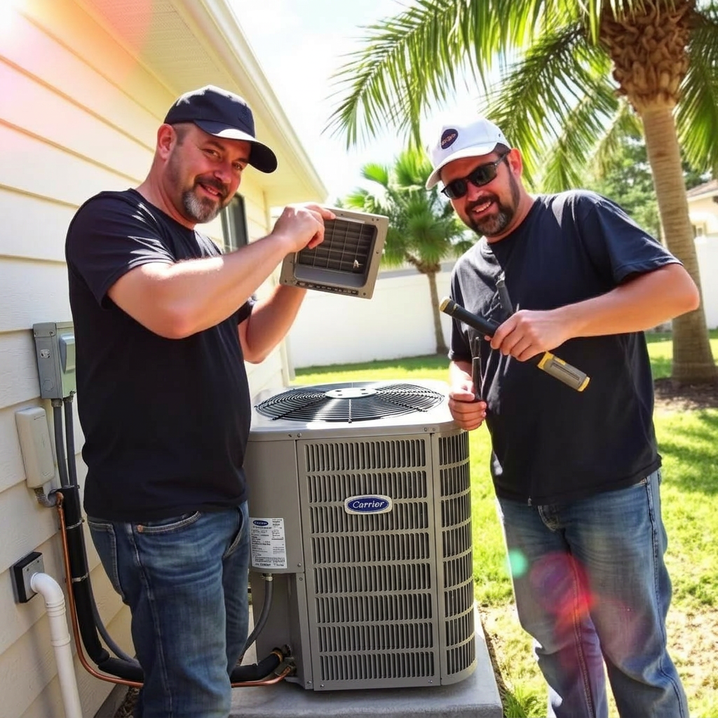Two HVAC technicians installing a new outdoor AC unit at a Sarasota home