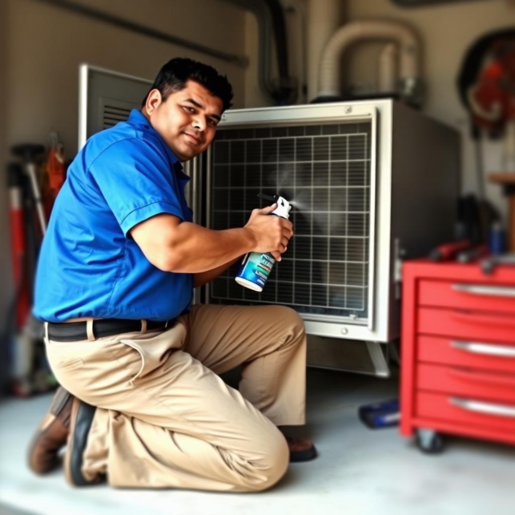 HVAC technician performing an AC tune-up and maintenance check